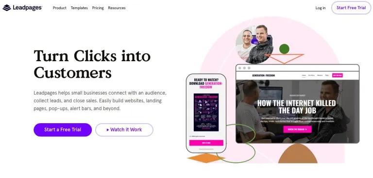 Homepage of a website featuring the phrase "Turn clicks into customers" prominently displayed.