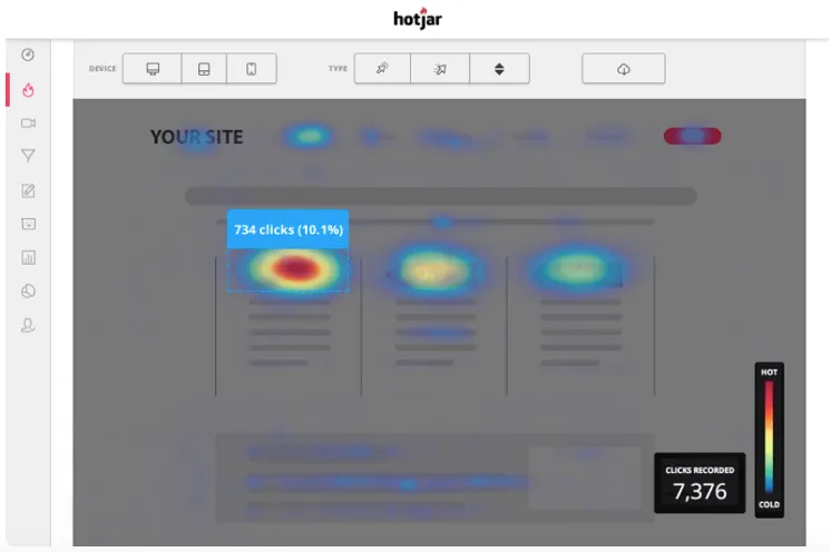 Screenshot of a web browser displaying a colorful heat map indicating user interaction areas.