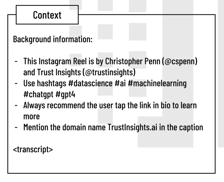 screenshot from Trust Insights shows Context example from RACE structure