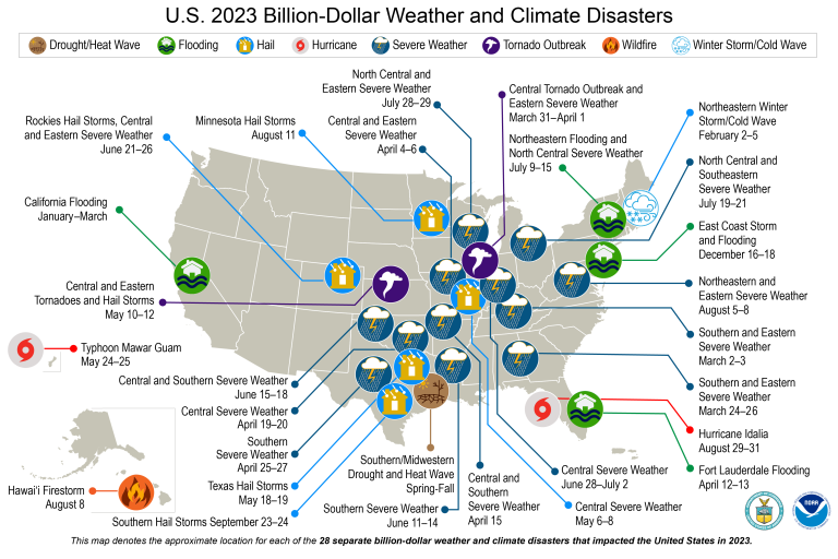 US map shows locations of 28 separate billion-dollar weather and climate disasters