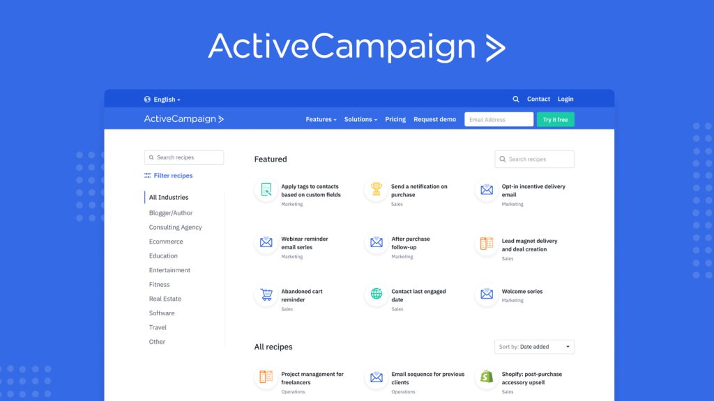 graphic shows view and capabilities inside Active Campaign’s marketing platform