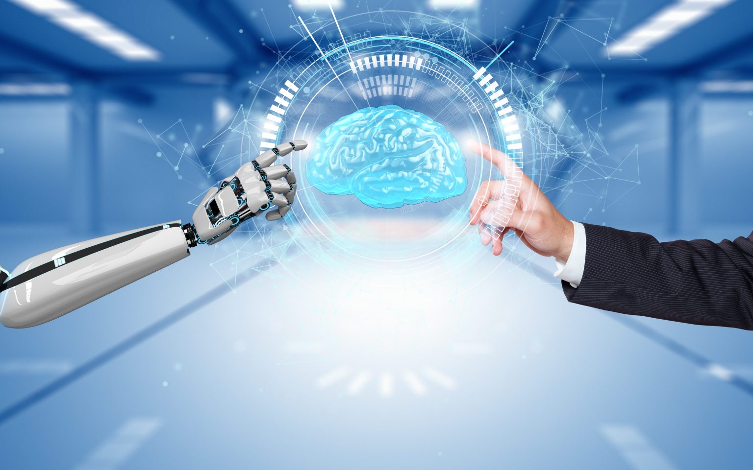 businessman and robot hands point at brain hologram to represent demystifying AI for business leaders