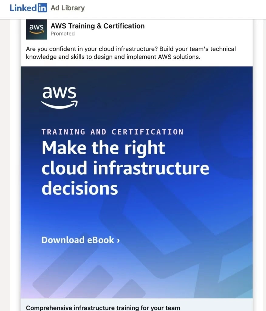 AWS cloud training and certification ad promoting an ebook to help teams make better cloud infrastructure decisions.