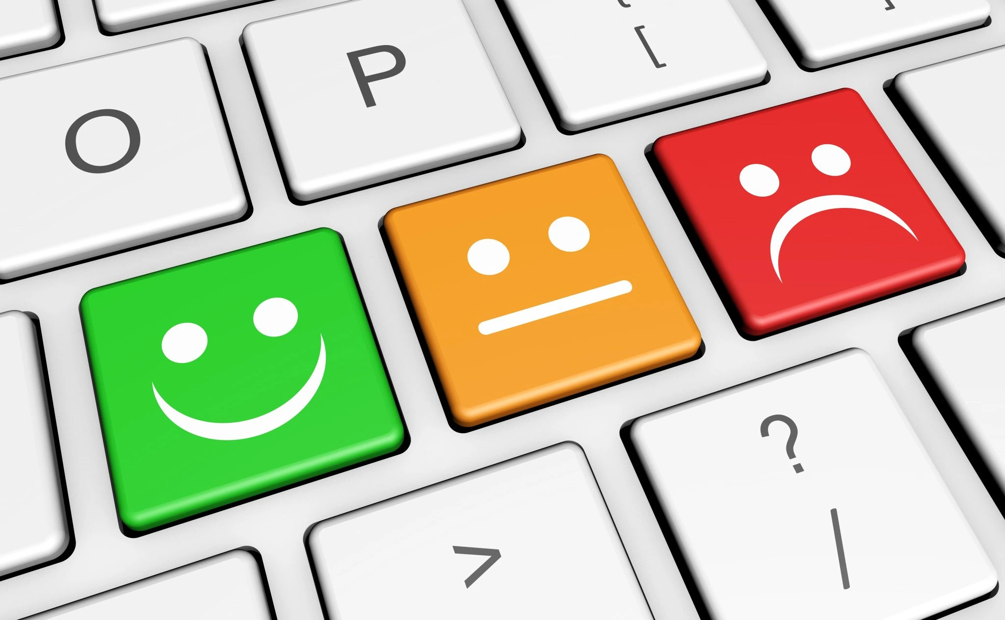 Keyboard icons showing positive, neutral, and negative feedback representing B2B customer relationships and satisfaction levels.