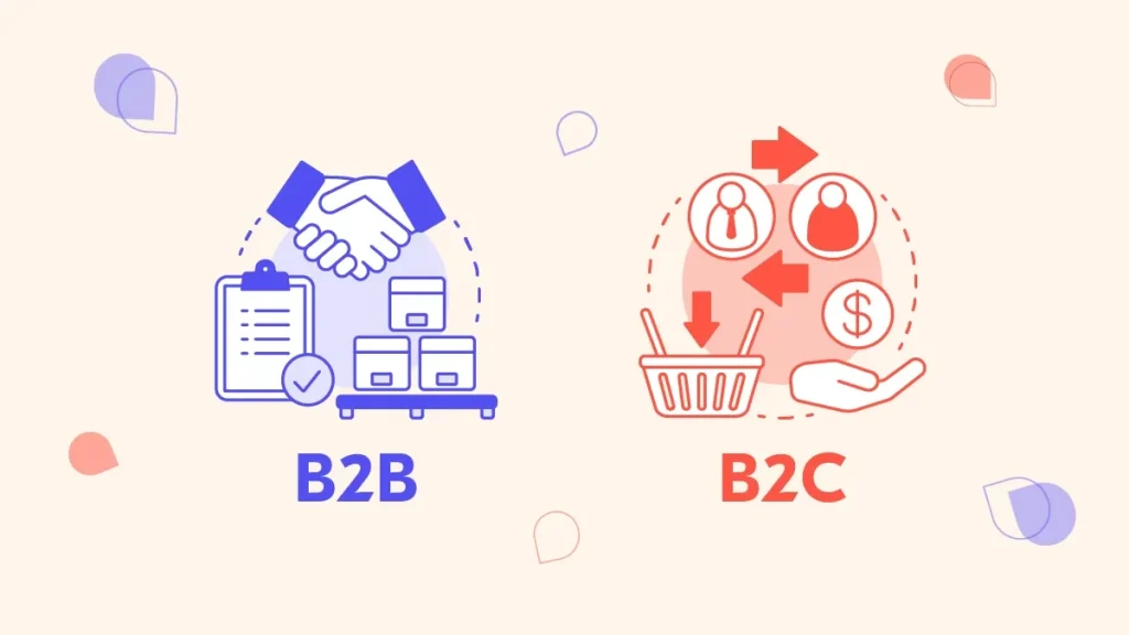 B2B vs B2C comparison illustration showing business partnership and logistics for B2B, and consumer shopping and purchase flow for B2C.