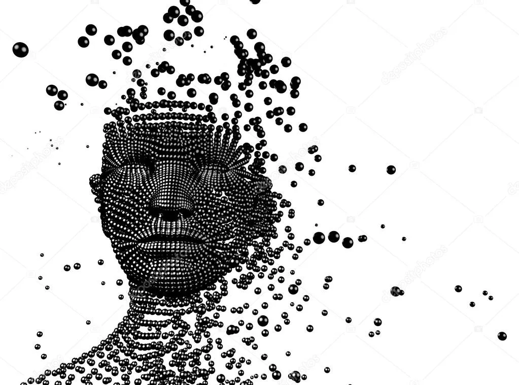 A black and white portrait of a man's head covered in numerous small dots, creating a textured visual effect for ai skills for marketing teams 2025