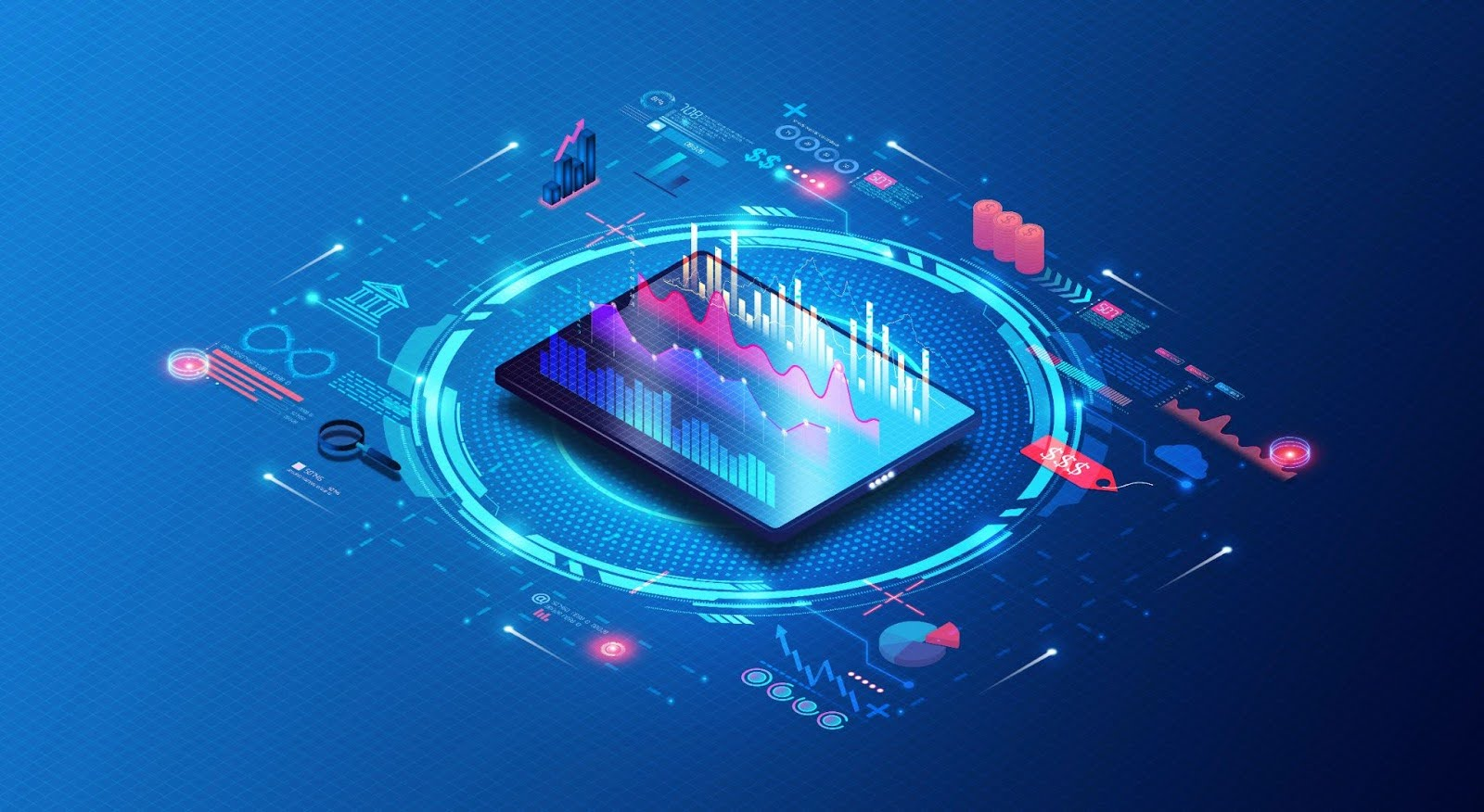 tablet with marketing and growth icons rising above it