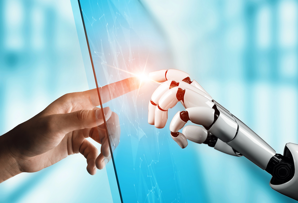 human and robot hand touching through glass screen